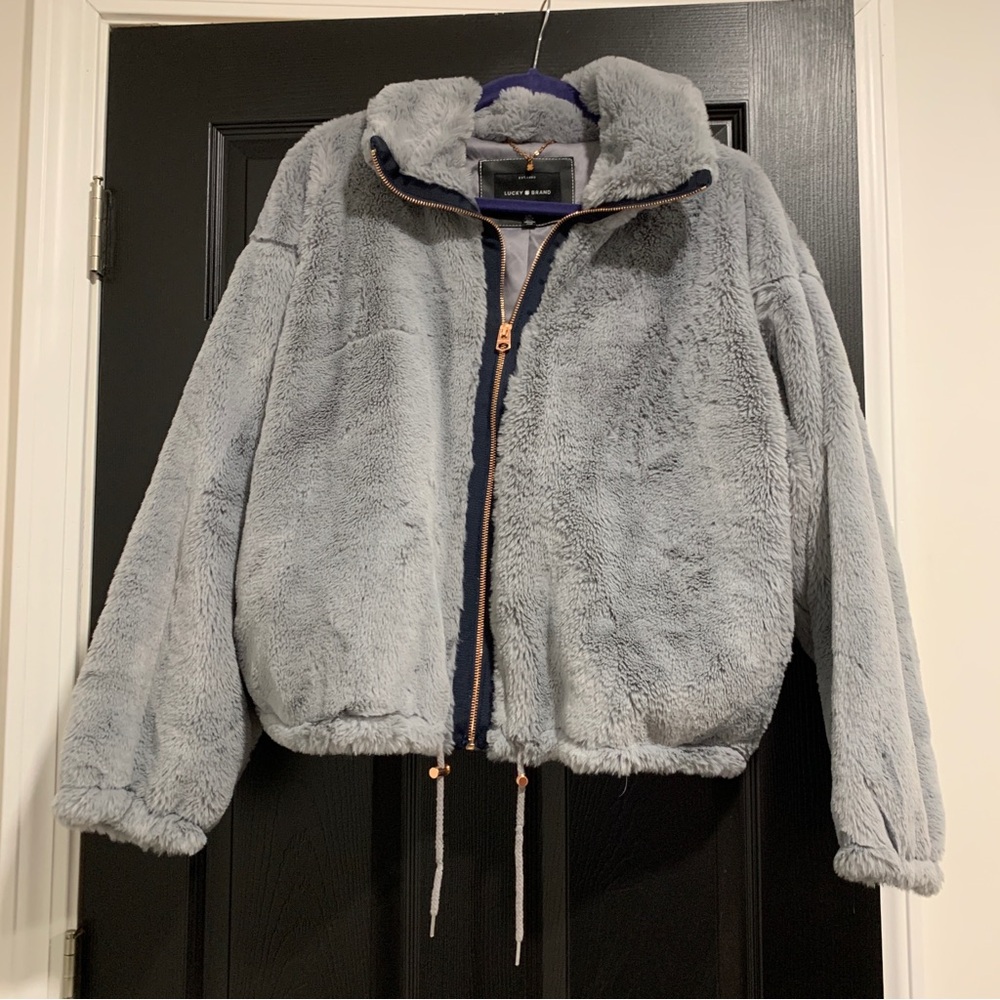 Lucky Brand | Grey Cropped Teddy Bear Soft Zip Up Crop Jacket | XL